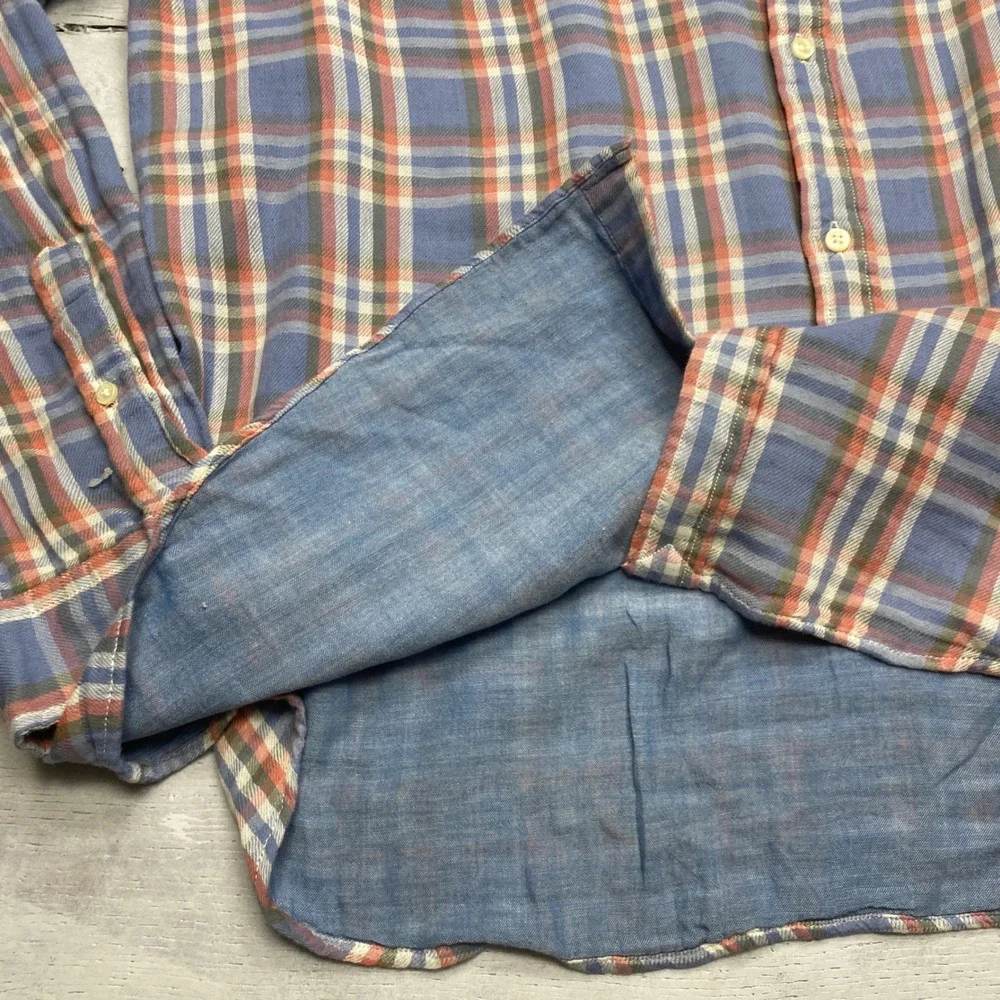 Polo Ralph Lauren Flannel Shirt Mens XXL Blue Orange Plaid Untucked Fit Cotton